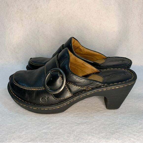 BORN Womens Mule Clogs Sz 8 Black Leather Buckle Retro 90s Y2K Platform Chunky - Picture 1 of 12